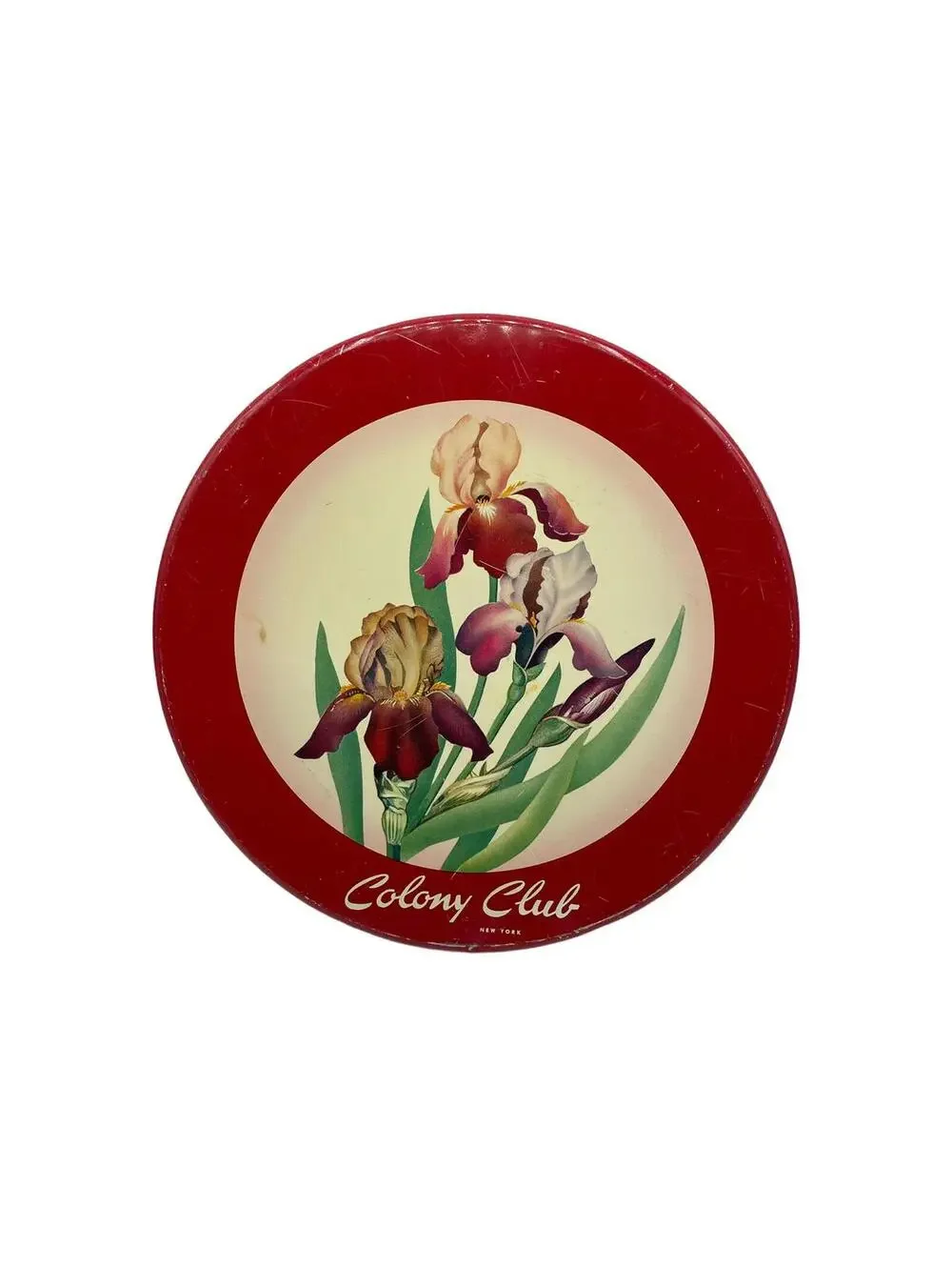 Vintage Colony Club Candy Tin: Red Iris Floral Metal Storage Box